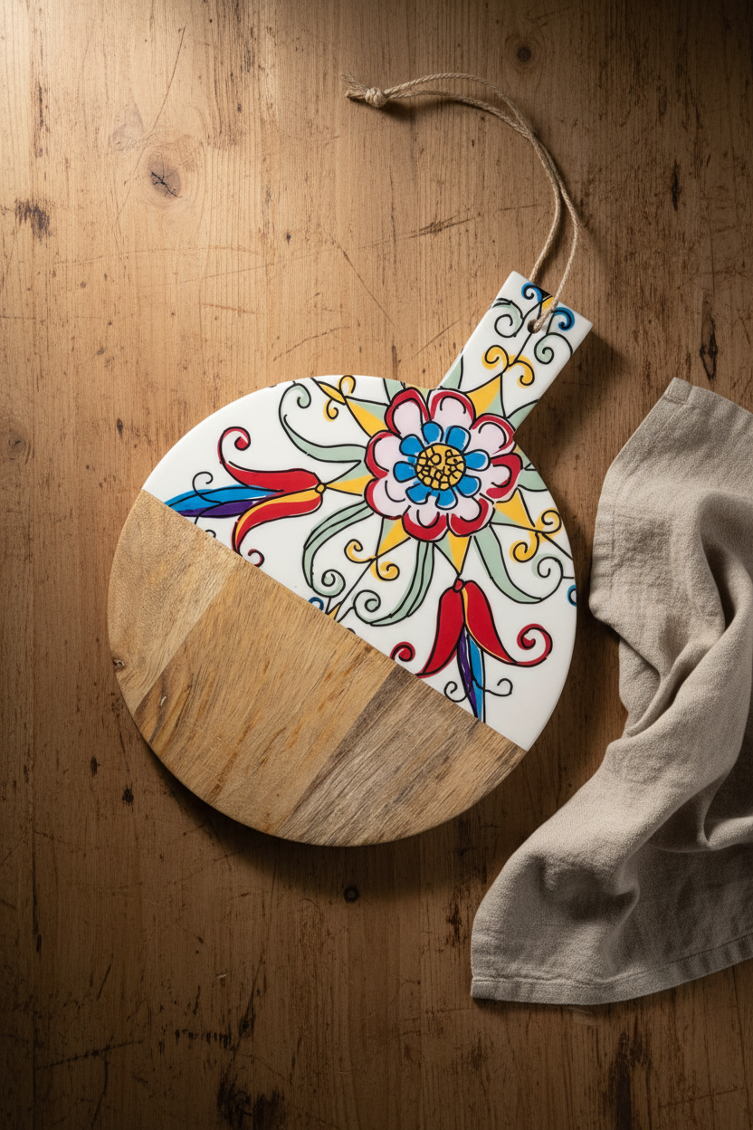 Porto Azulejo Collection – Acacia Round Cutting & Serving Board 28 cm