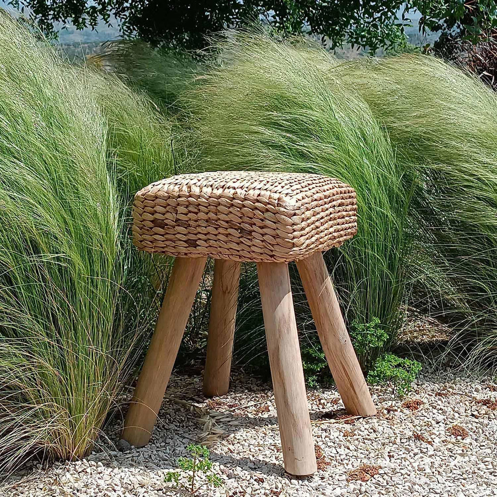 Bodrum Teak & Woven Stool / Pouf – 30 x 30 cm