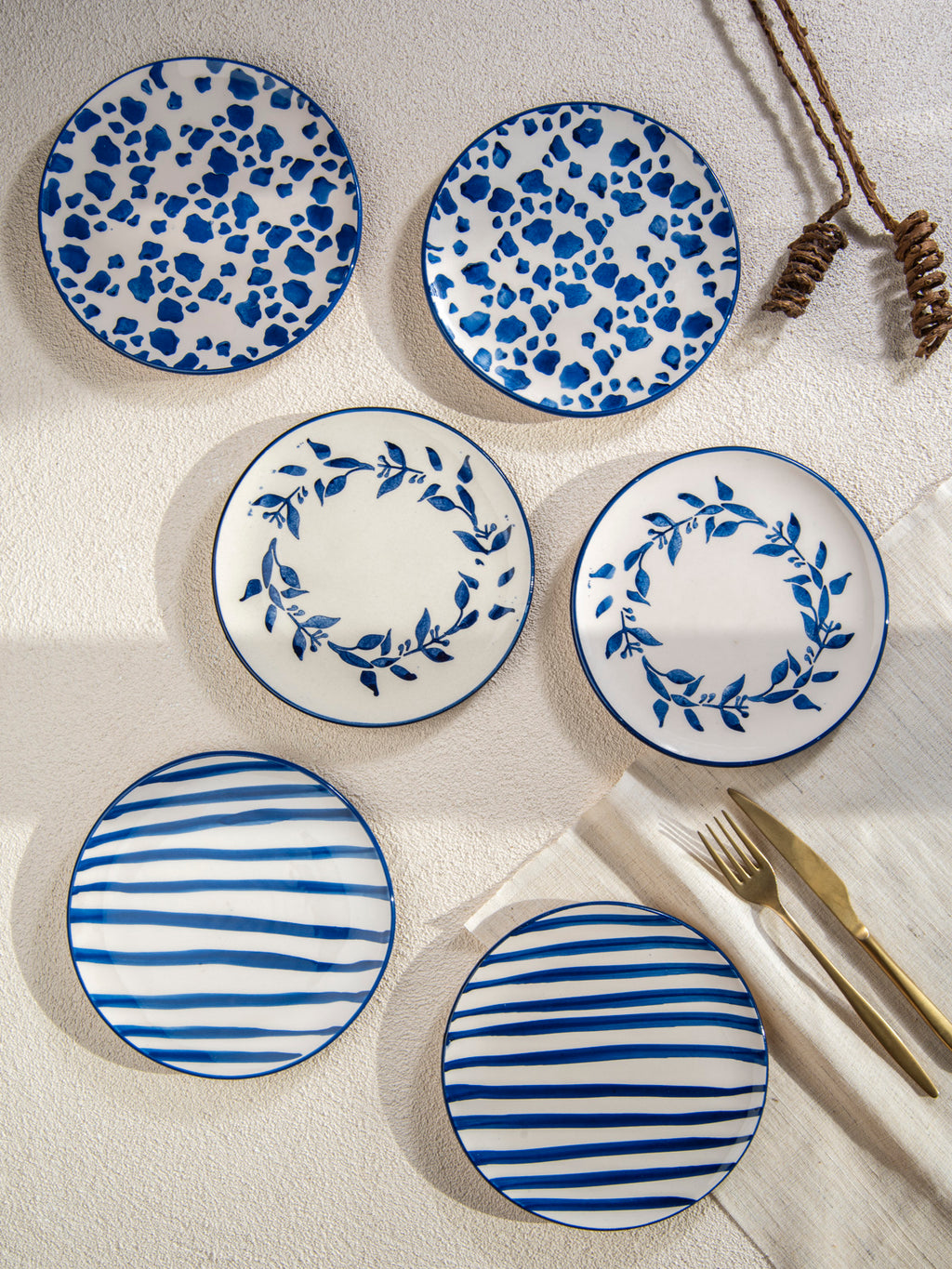 Bodrum Blue and White Ceramic Plate Set – 6 Piece Coastal Dessert Plates- 19 cm.