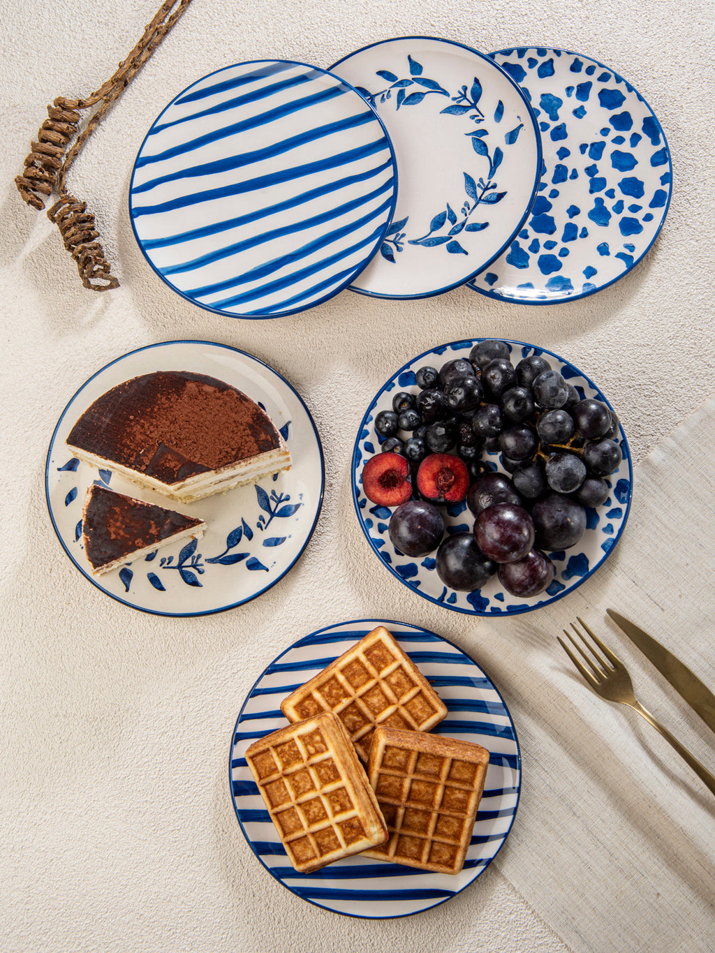 Bodrum Blue and White Ceramic Plate Set – 6 Piece Coastal Dessert Plates- 19 cm.