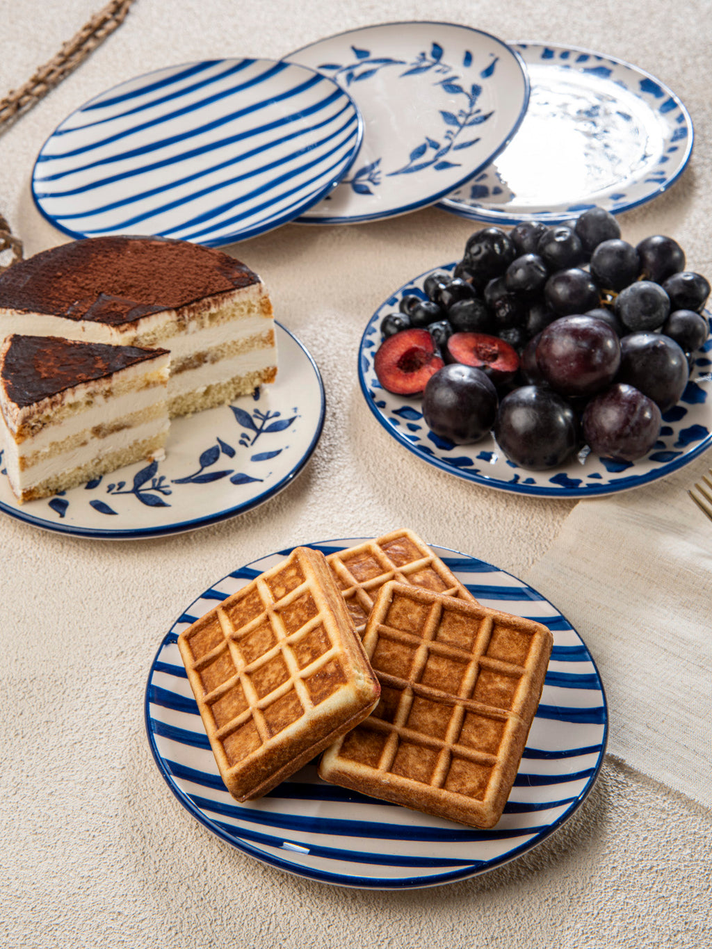 Bodrum Blue and White Ceramic Plate Set – 6 Piece Coastal Dessert Plates- 19 cm.