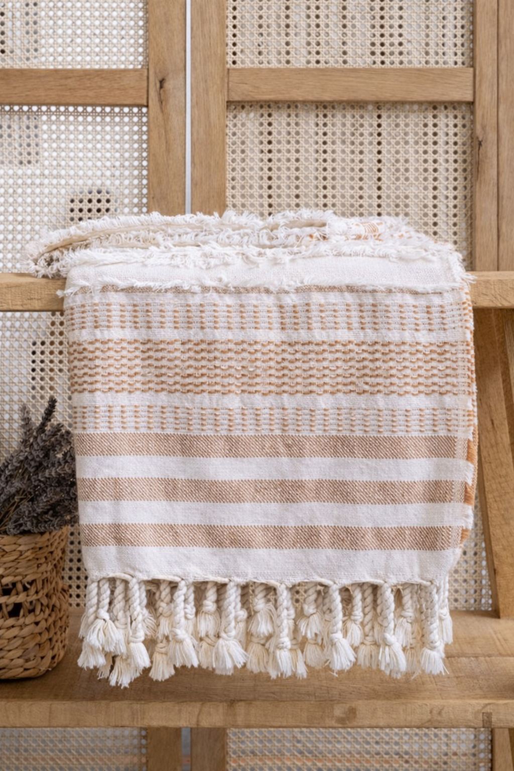 Textured Cotton Throw Blanket – Cappadocia Collection (Camel) | 130x170 cm