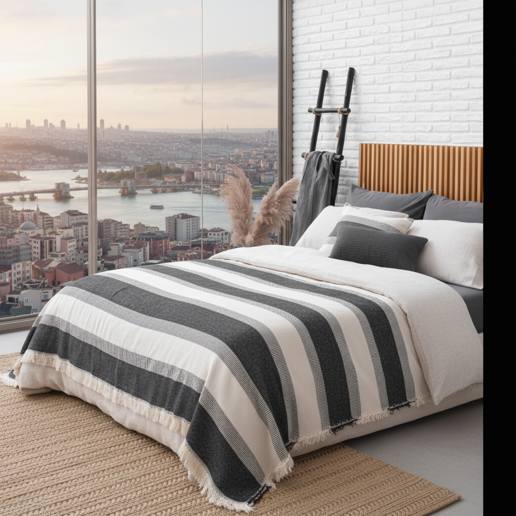 Istanbul Rigal Bedspread – Ecru & Black 230x230 cm