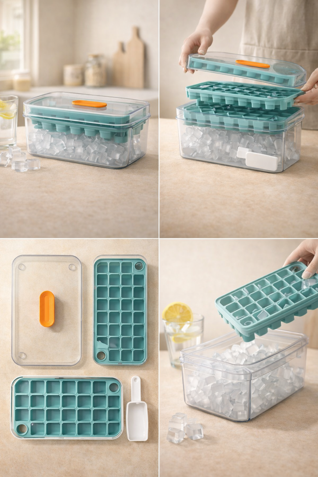Pinmoo 2-Layer Ice Cube Tray with Storage Box & Scoop