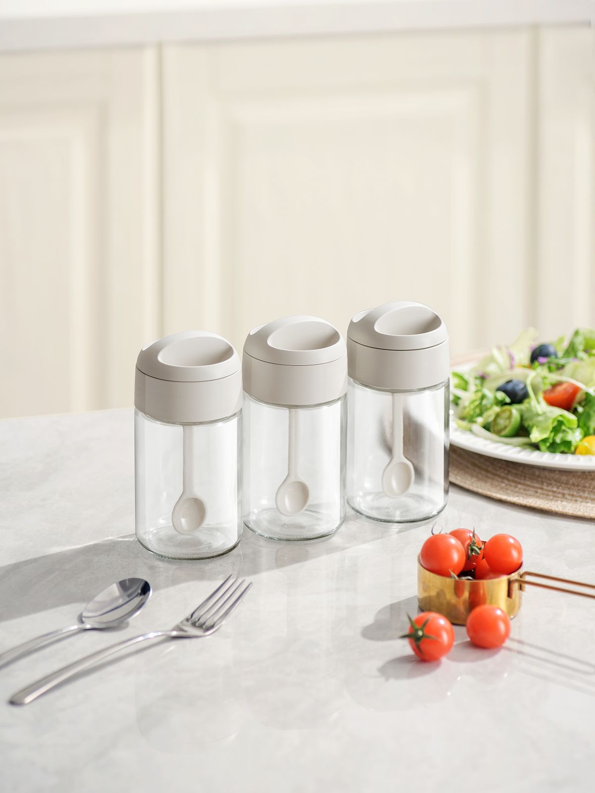 Pinmoo Prachic Large Glass Spice Jar Set with Spoon – 3 Pieces (250 ml, 13.5 cm)