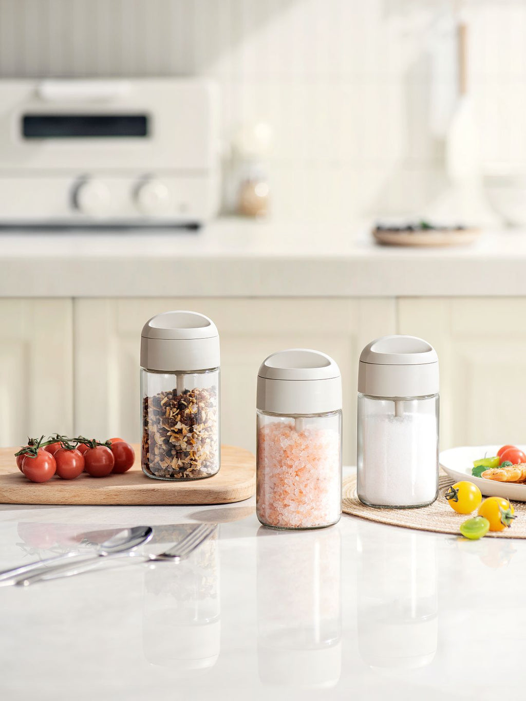 Pinmoo Prachic Large Glass Spice Jar Set with Spoon – 3 Pieces (250 ml, 13.5 cm)