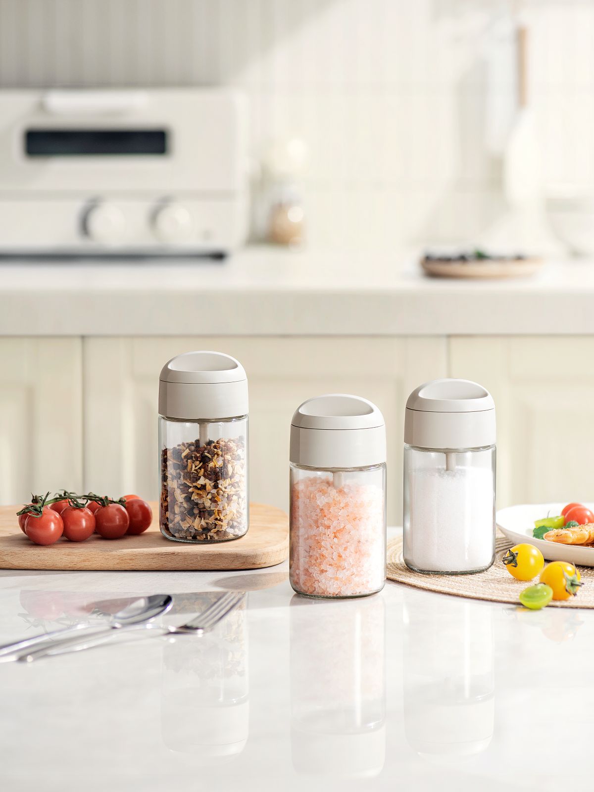 Pinmoo Prachic Large Glass Spice Jar Set with Spoon – 3 Pieces (250 ml, 13.5 cm)
