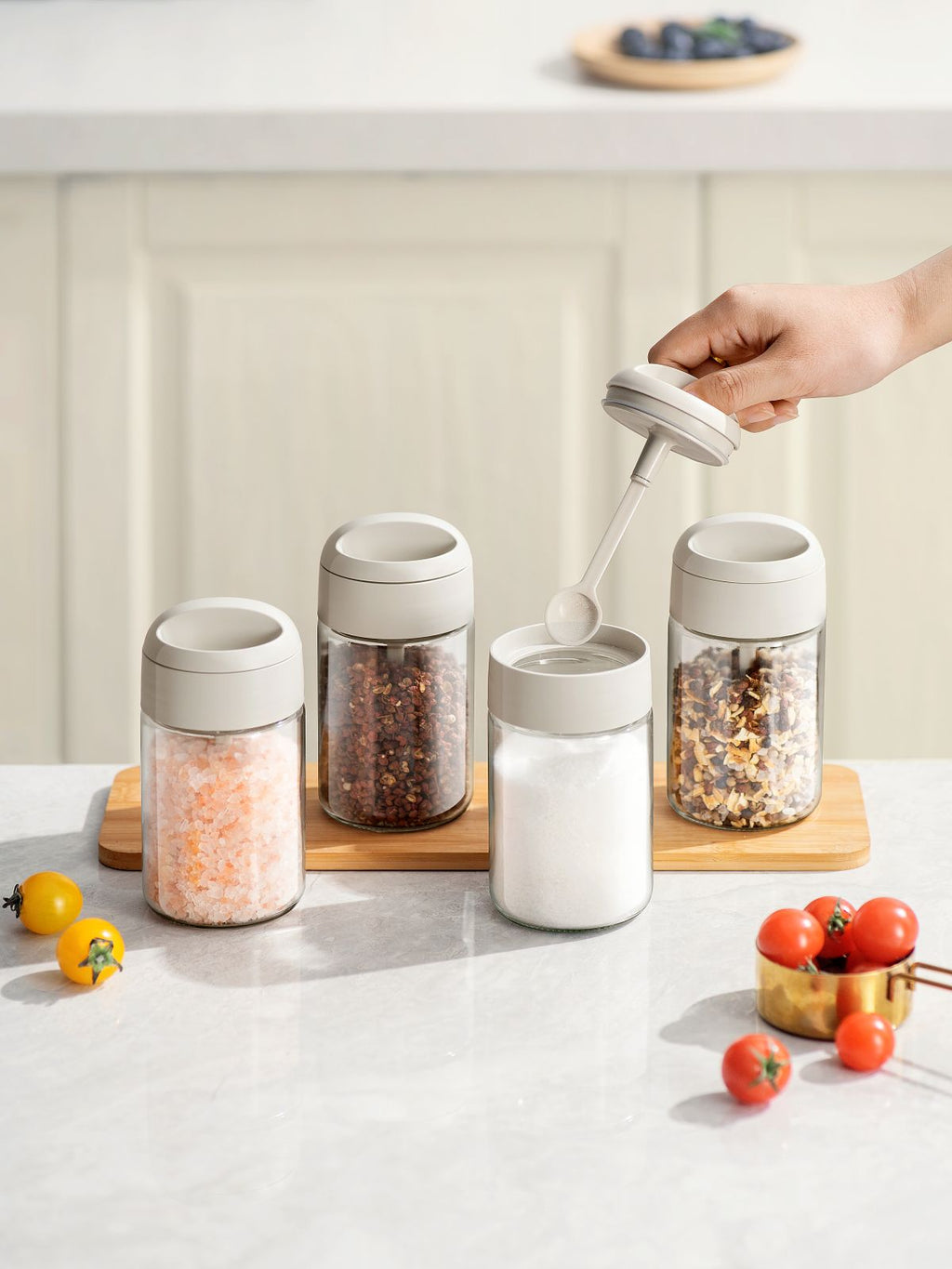 Pinmoo Prachic Large Glass Spice Jar Set with Spoon – 3 Pieces (250 ml, 13.5 cm)