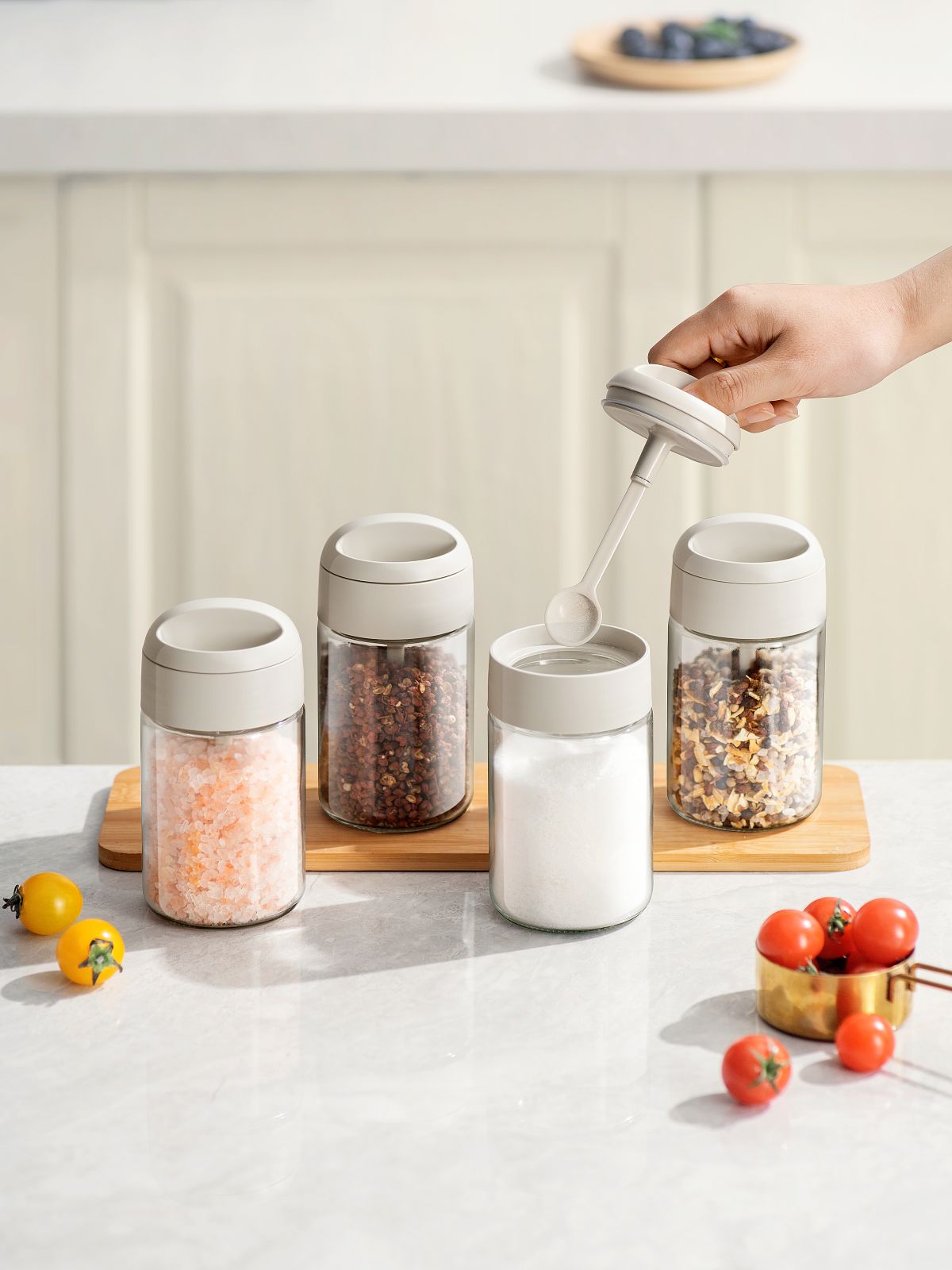 Pinmoo Prachic Large Glass Spice Jar Set with Spoon – 3 Pieces (250 ml, 13.5 cm)