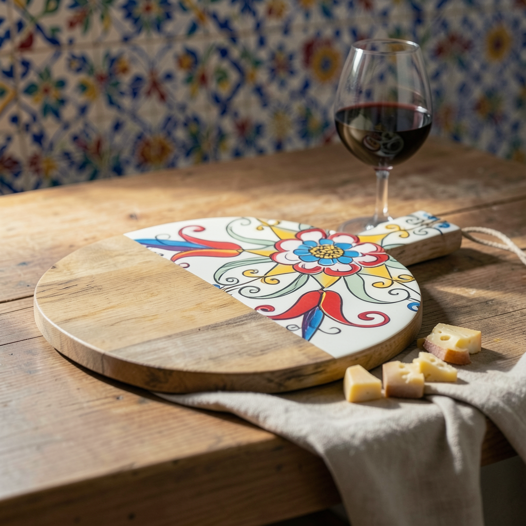Porto Azulejo Collection – Acacia Round Cutting & Serving Board 28 cm