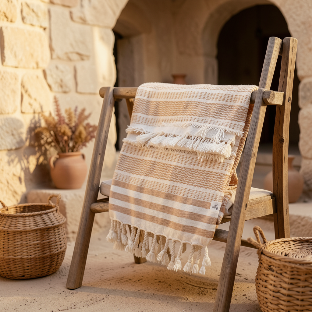 Textured Cotton Throw Blanket – Cappadocia Collection (Camel) | 130x170 cm