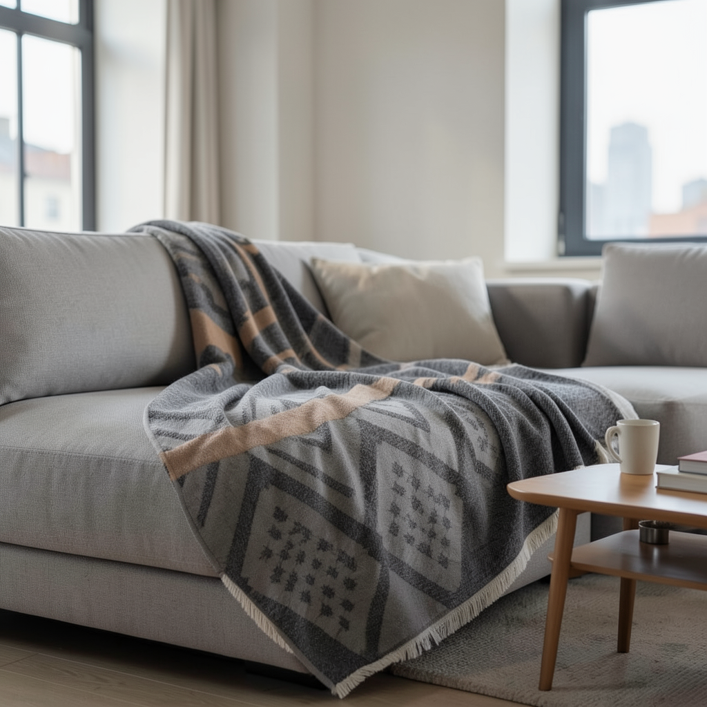 Istanbul Motif Throw Blanket – Grey & Camel | 130x180 cm