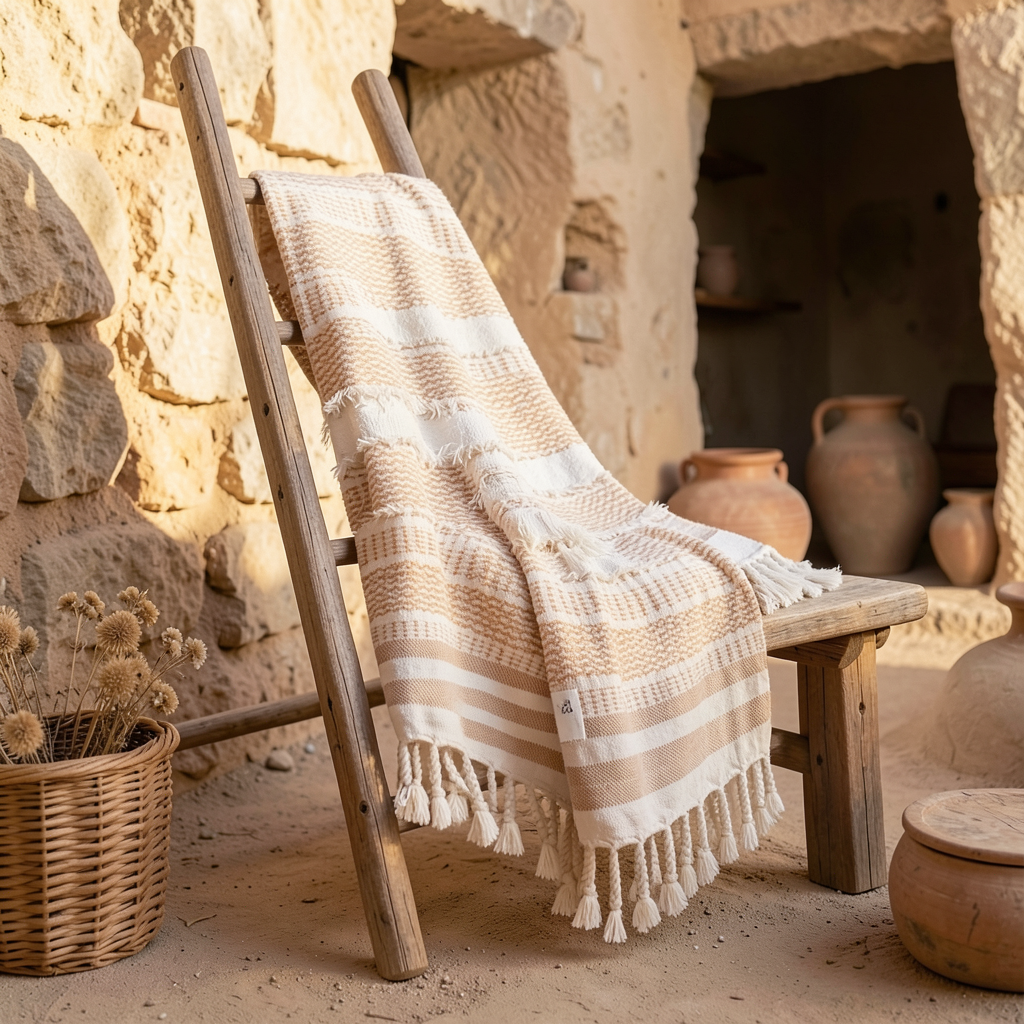 Textured Cotton Throw Blanket – Cappadocia Collection (Camel) | 130x170 cm