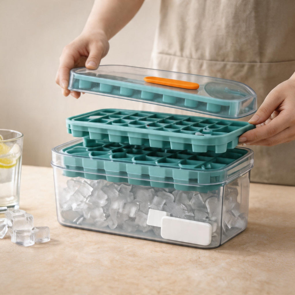 Pinmoo 2-Layer Ice Cube Tray with Storage Box & Scoop