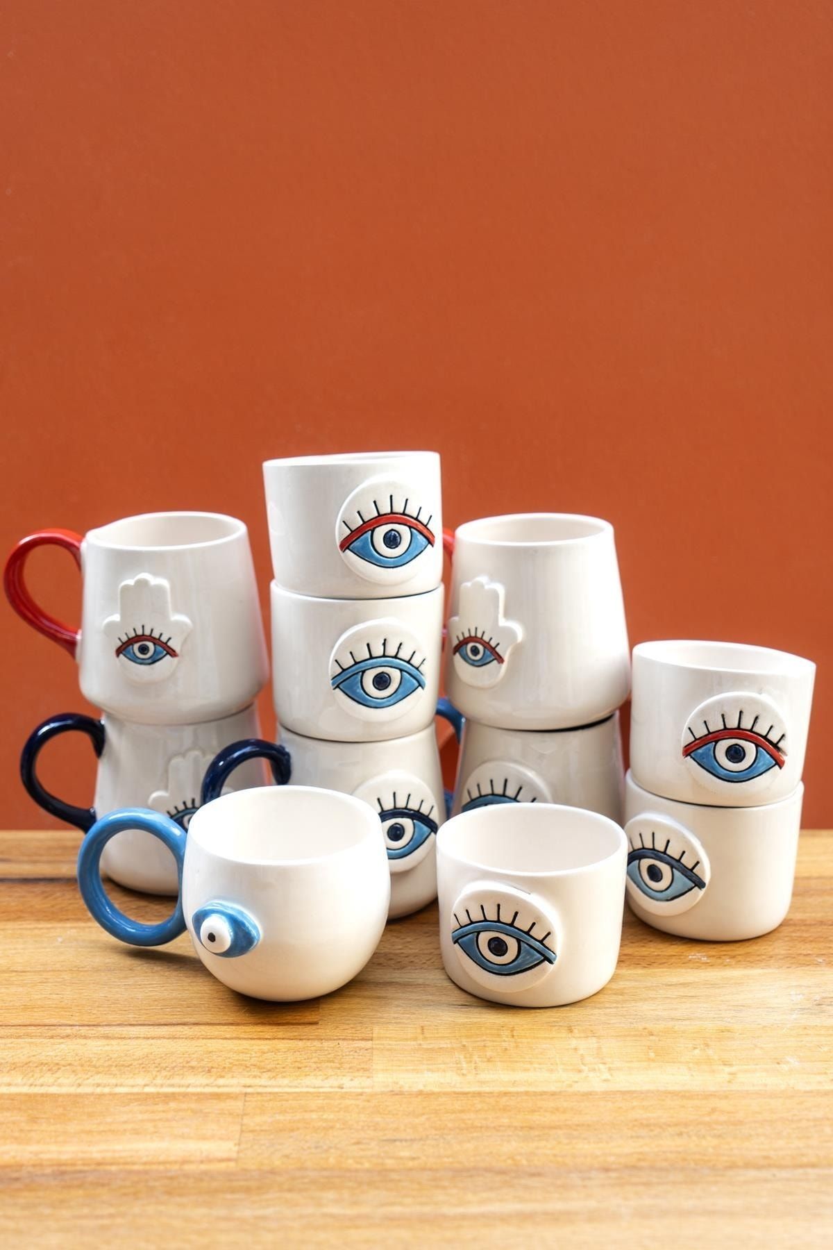 Hamse Blue Evil Eye Ceramic Mug – Handmade Nazar Coffee Cup