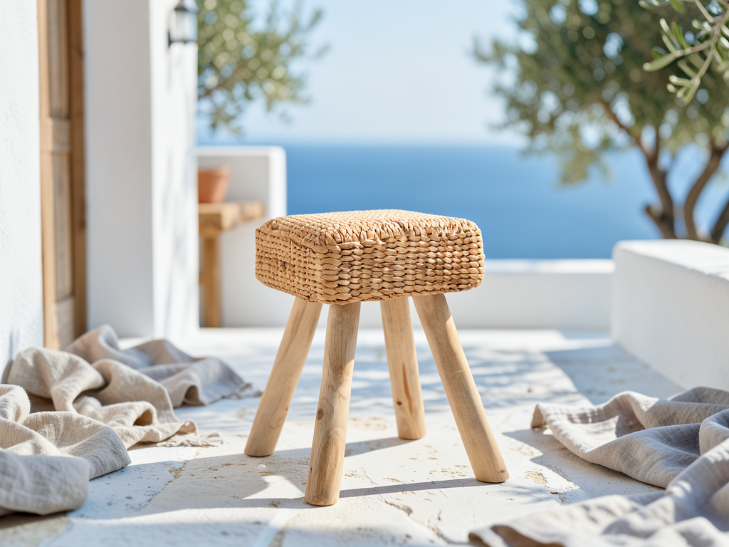 Bodrum Teak & Woven Stool / Pouf – 30 x 30 cm